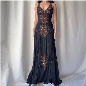 Vintage Cachè Chic Black and Brown Embellished Evening Gown